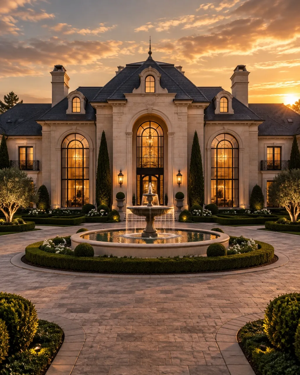 Limestone mansion with lantern-lit fountain forecourt