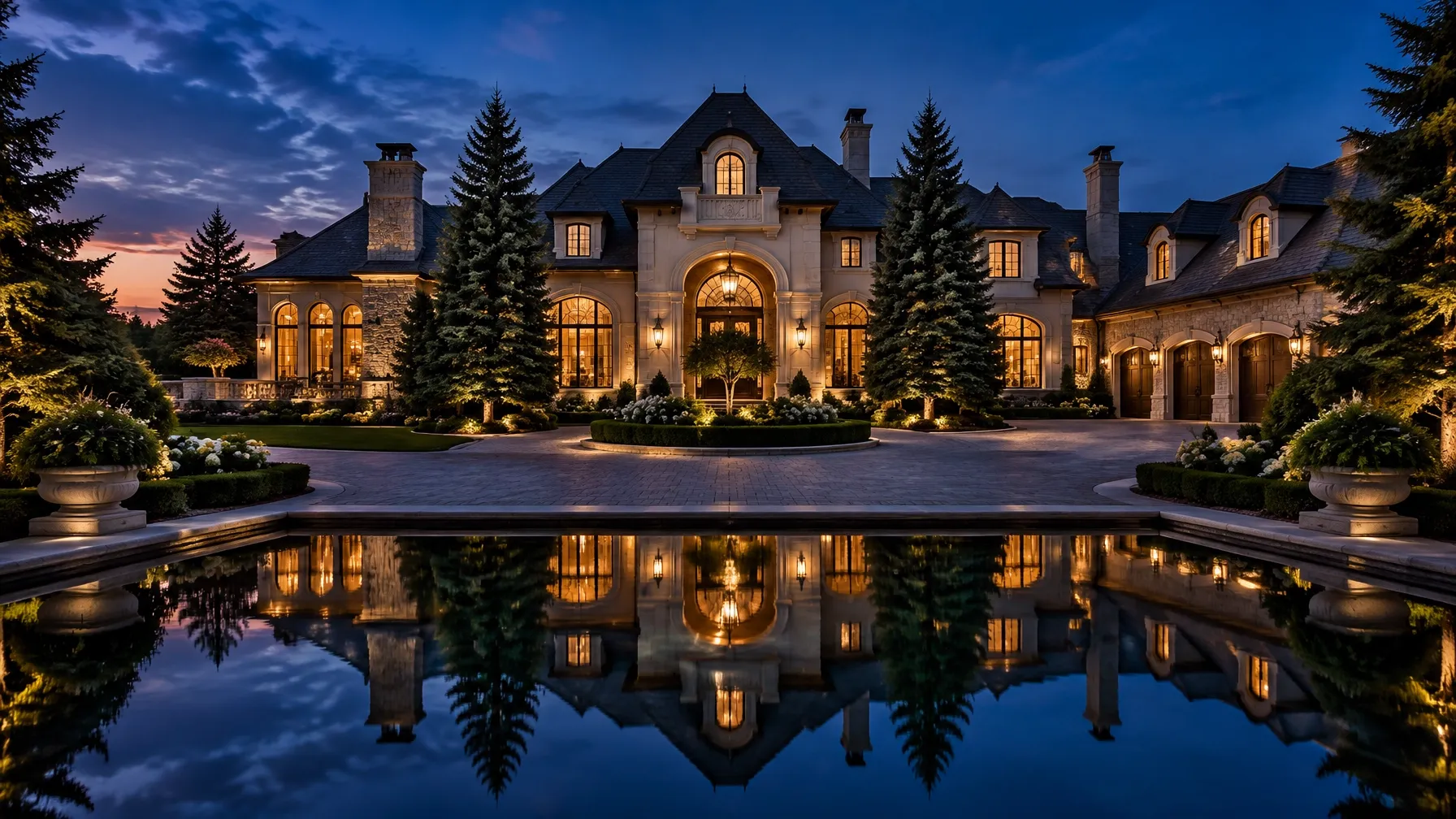 Grand stone estate at twilight reflected in a still pool