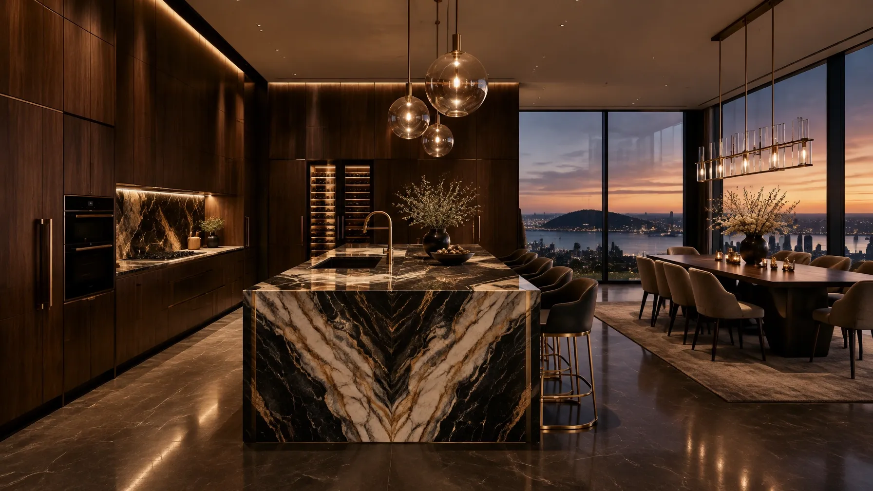 Marble-island chef's kitchen and dining room