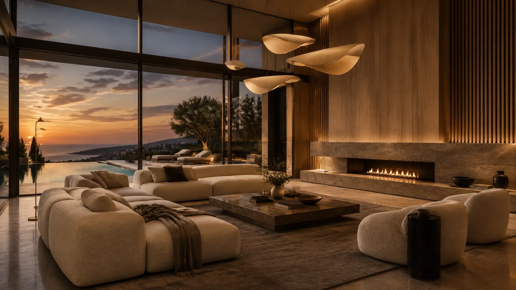 Luxury living room with glass wall and pool beyond