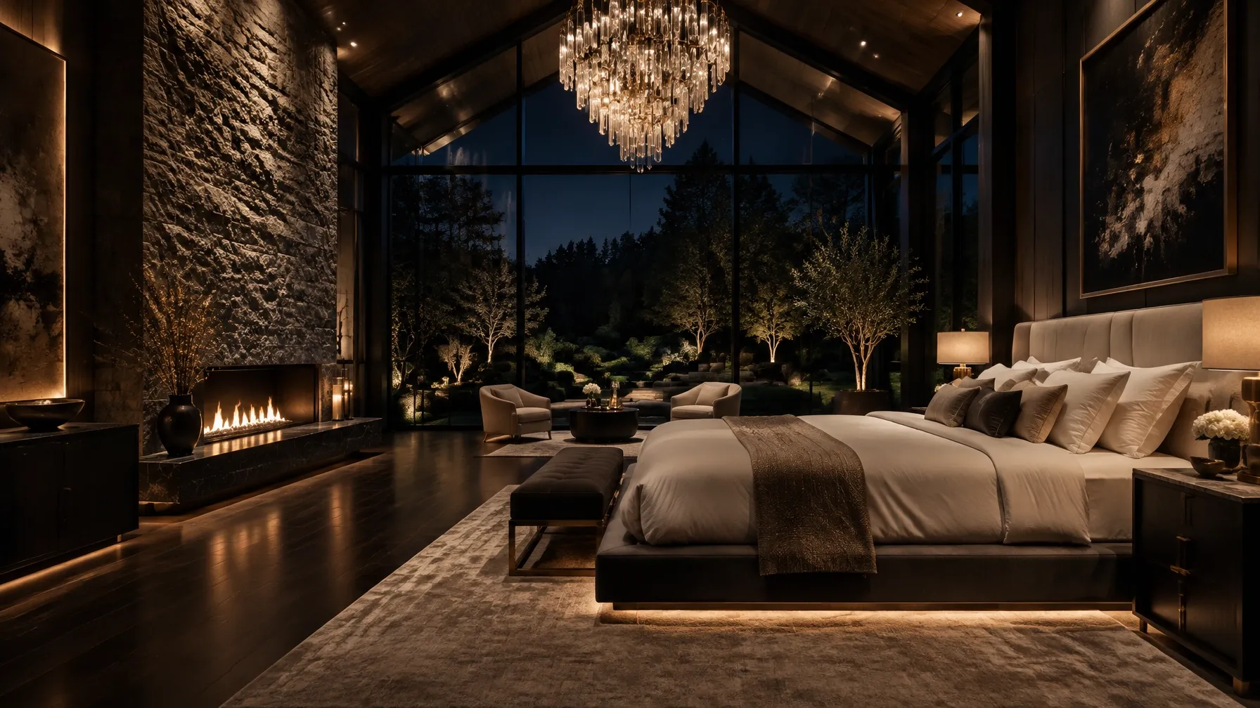 Dark luxury master suite with a crystal chandelier